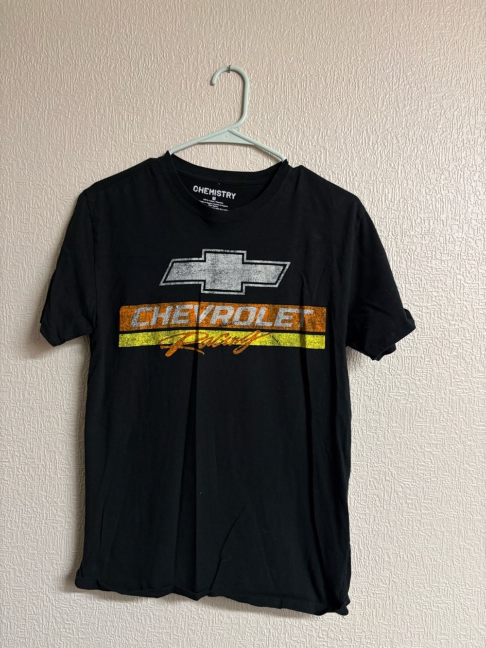 Chemistry Black Tee with Silver Bowtie and Orange-Yellow Stripe